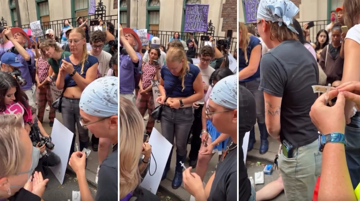 Activistas trans se inyectan hormonas en la puerta de NYU Langone tras el pacto de USD 8,5 millones que frenó los tratamientos a menores