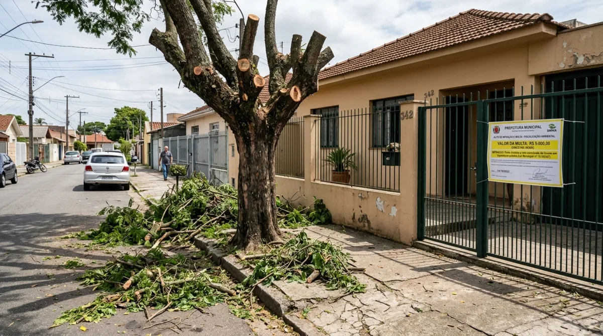 Morador poda a árvore na frente de sua casa, achando que pertencia a ele por estar na frente de sua propriedade, órgão de fiscalização aparece e multa o morador em R$ 5 mil, explicando que o homem precisaria de autorização ambiental
