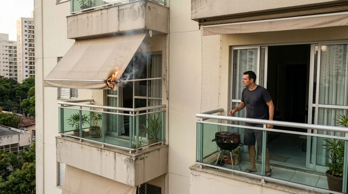 Homem faz churrasco com carvão na varanda de apartamento, brasas atingem o toldo do vizinho durante uma festa e condomínio descobre quem pode responder pelo início do incêndio