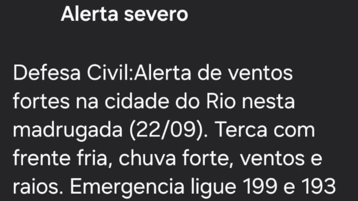 Defesa Civil envia 'alerta severo' de ventos fortes para a madrugada desta terça no Rio