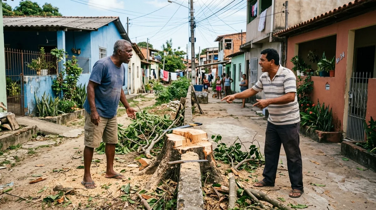 Família passa feriado fora, ao voltar, descobre que vizinho cortou árvore que marcava a divisa dos terrenos sem comunicar e exige reparação de danos