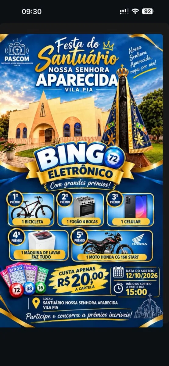 Bingo da Festa da Padroeira sorteia moto Honda nesta segunda