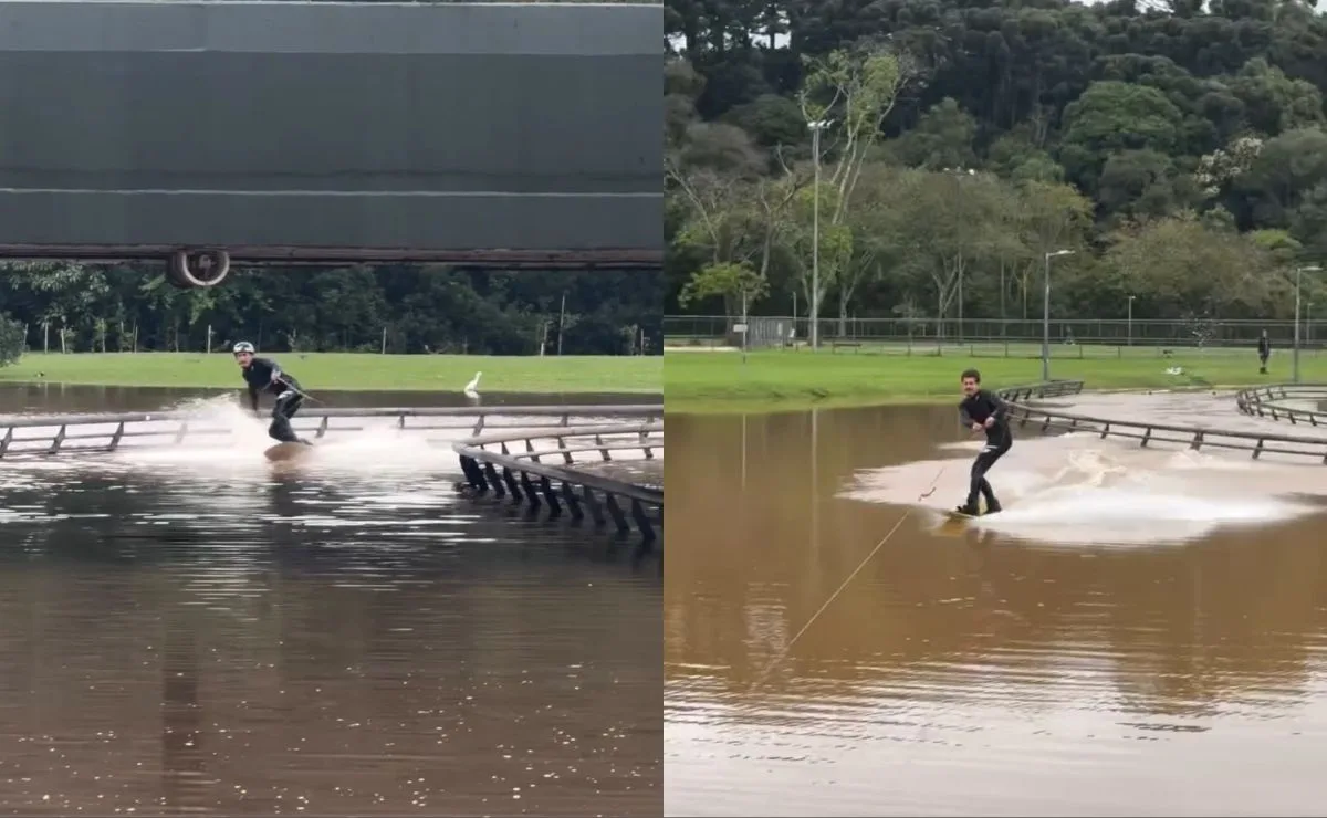 Praticantes de wakeboard aproveitam alagamento para fazer manobras no Parque Barigui; veja vídeos