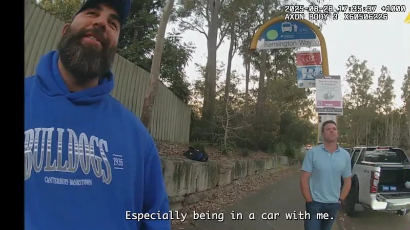 Construction figures captured alongside alleged bikie at traffic stop, reading newspaper
