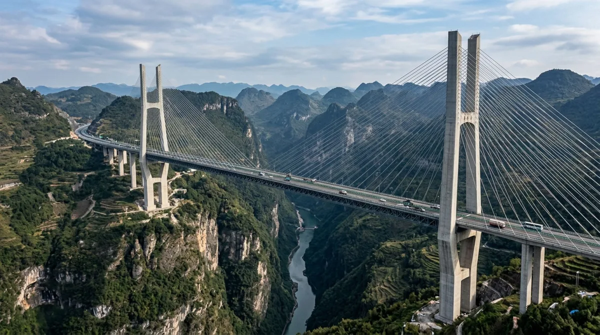 Suspensa sobre um cânion a mais de 500 metros de altura, esta ponte precisou combinar torres gigantescas, cabos de aço e uma estrutura aerodinâmica para permitir que veículos atravessem um vazio onde construir pilares intermediários seria praticamente impossível