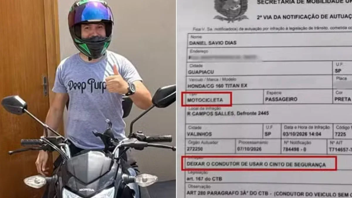 Homem é multado por andar de moto sem cinto de segurança em cidade que nunca esteve