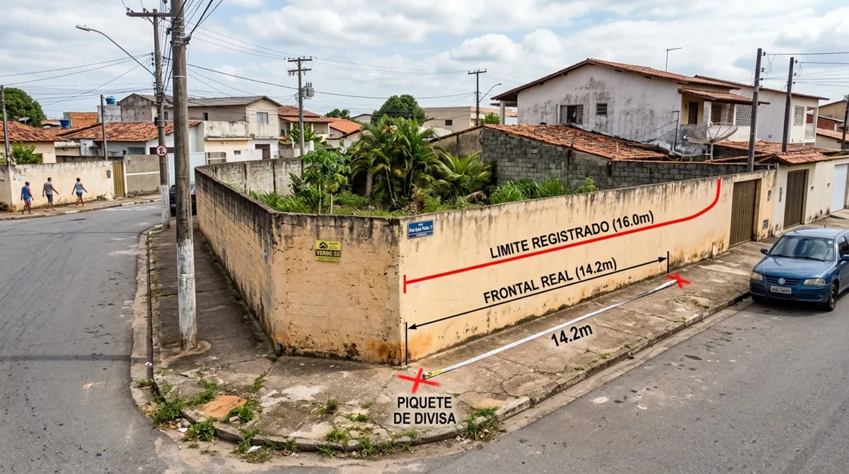 Família compra terreno de esquina usando os muros como referência e descobre depois que a testada registrada é diferente da medida no local