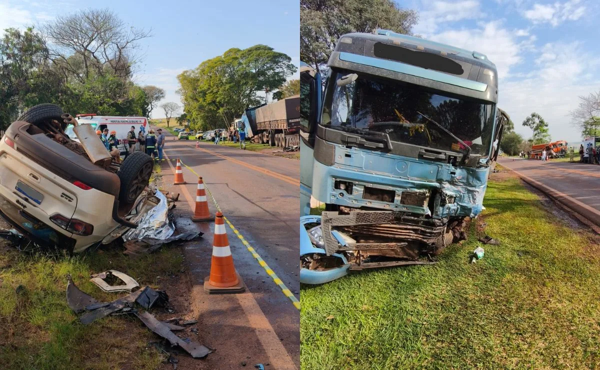 Mulher morre após forte colisão frontal entre carro e caminhão na PR-573