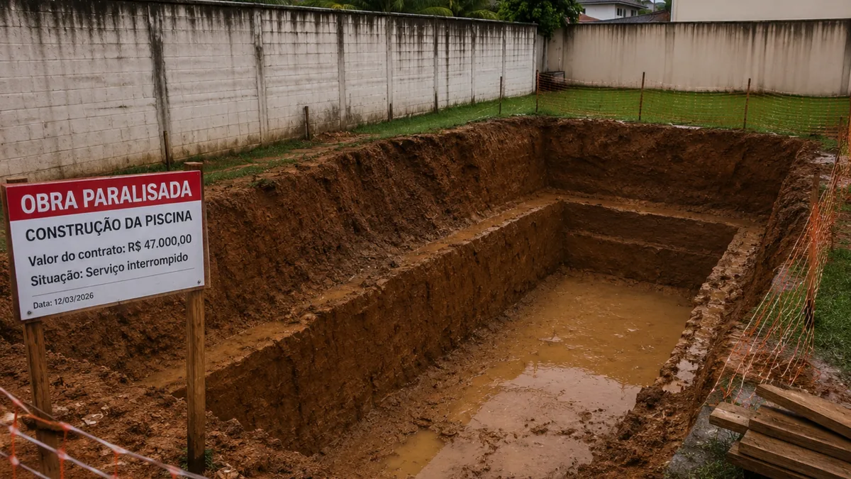 Família contrata piscina de R$ 47 mil e empresa interrompe obra deixando um buraco de sete metros aberto no quintal
