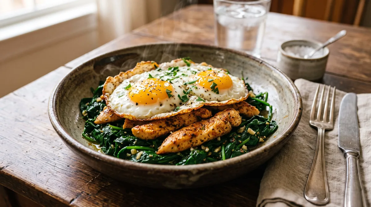 Huevos fritos con pollo y espinacas: receta rápida, saludable y proteica