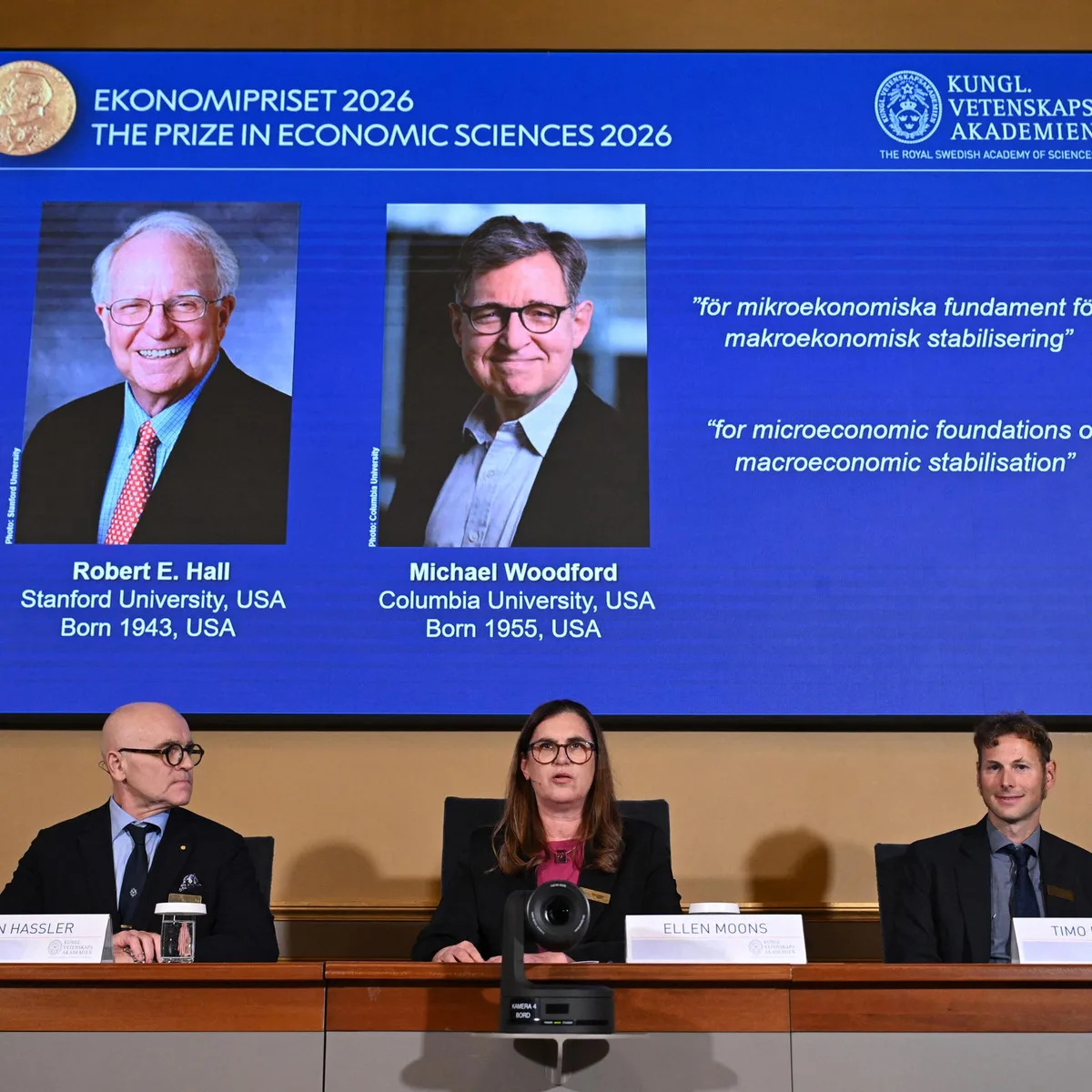 Stockholm - US-Ökonomen Robert E. Hall und Michael Woodford erhalten den sogenannten Wirtschaftsnobelpreis