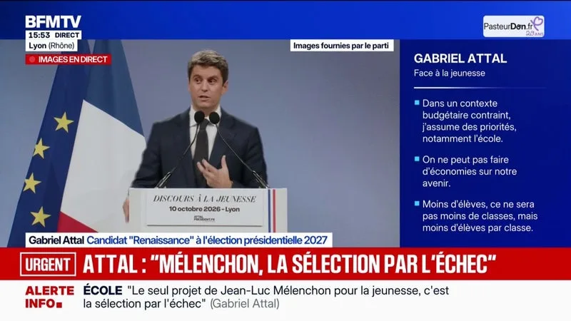 "Le projet [de Jean-Luc Mélenchon] pour la jeunesse, c'est la sélection par l'échec", fustige Gabriel Attal, candidat "Renaissance" à la présidentielle en meeting à Lyon