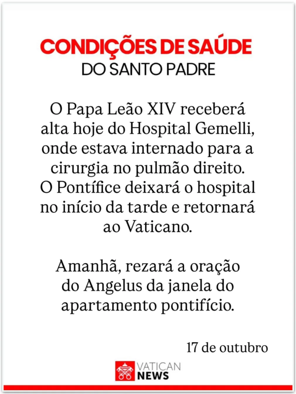 Vaticano confirma alta do papa Leão 14 depois de exames