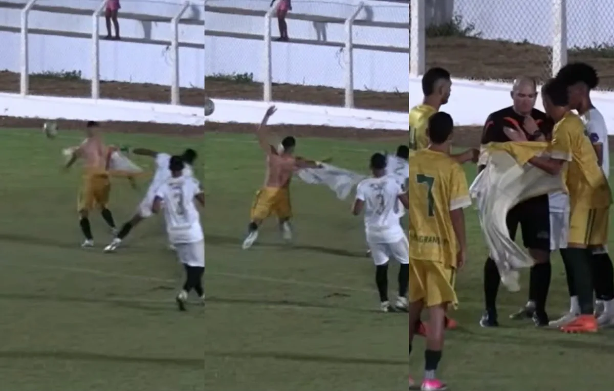 Zagueiro comete pênalti ao puxar e rasgar camisa de adversário em torneio amador do Piauí