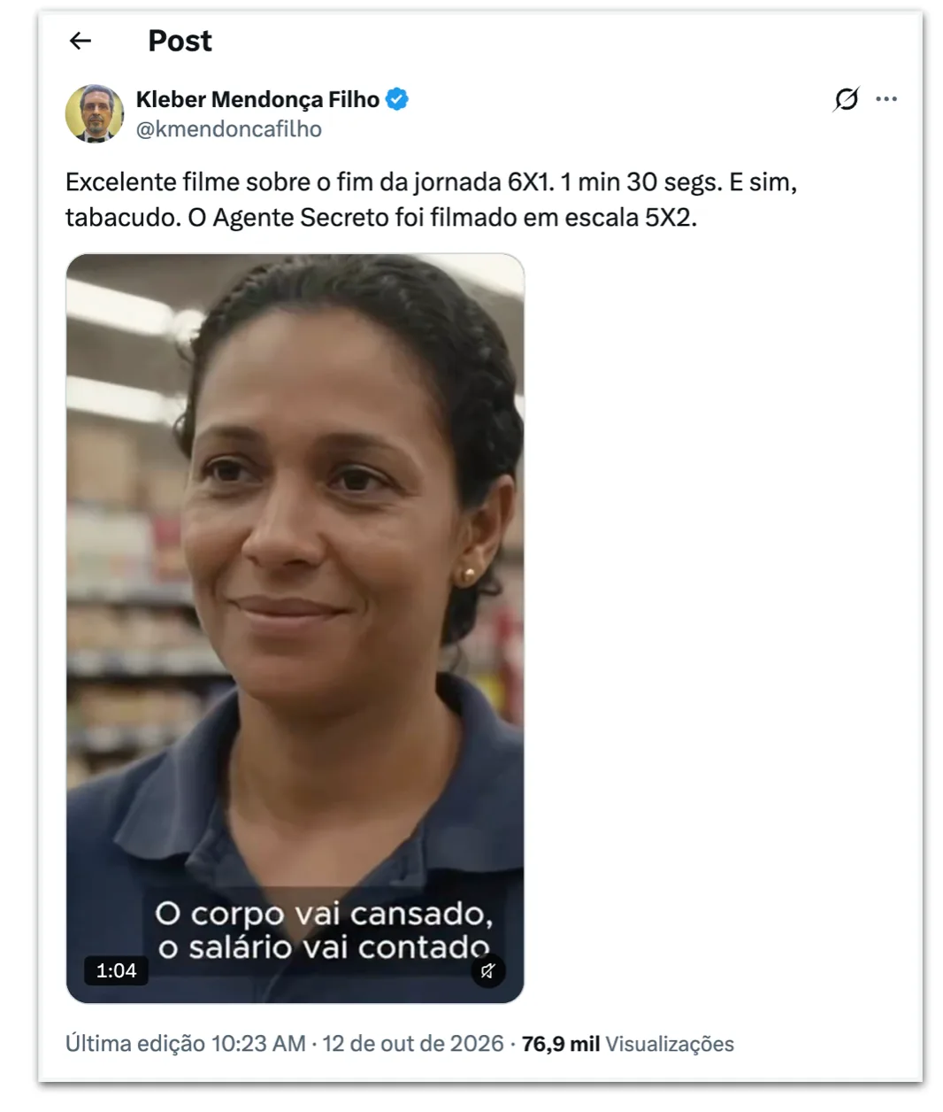 Kleber Mendonça elogia comercial sobre fim da 6 X 1: “Excelente filme”