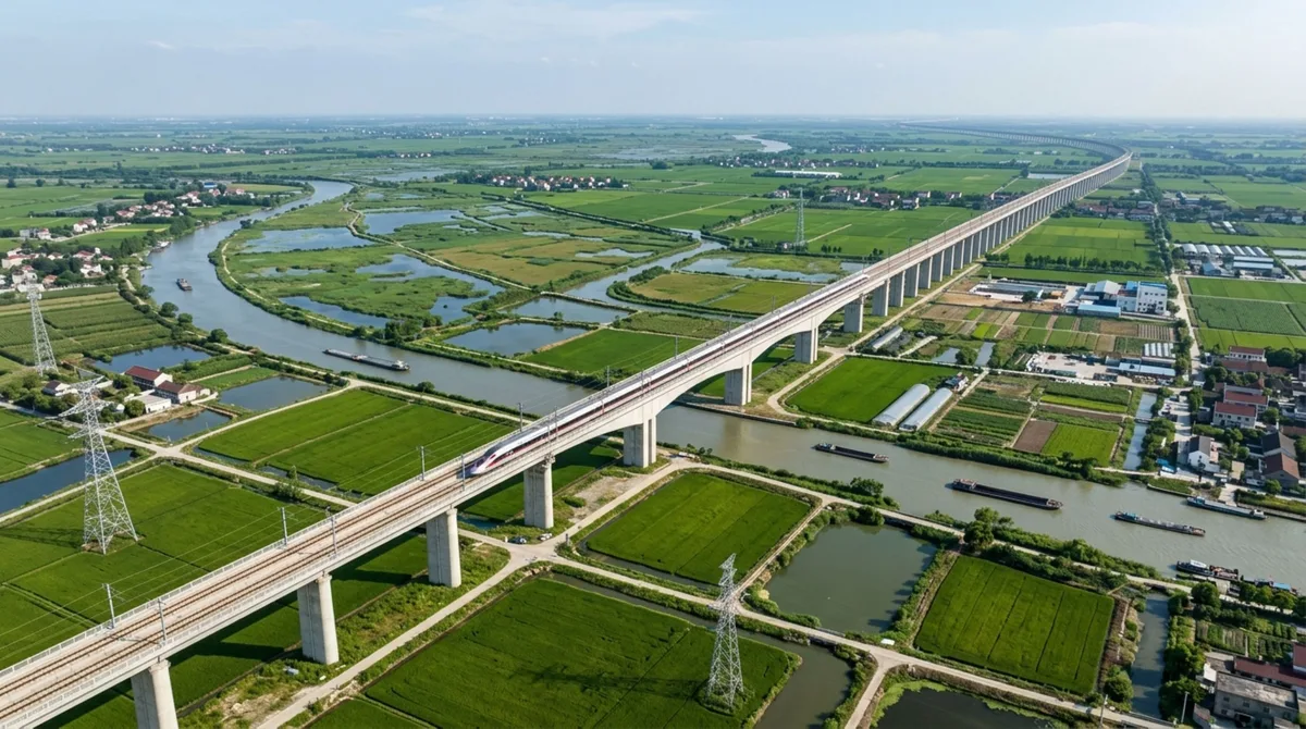 Com mais de 160 quilômetros de extensão e trechos construídos sobre rios, lagos e terrenos de baixa resistência, este viaduto ferroviário de alta velocidade exigiu milhares de pilares e fundações para manter trens circulando acima de 300 km/h com segurança