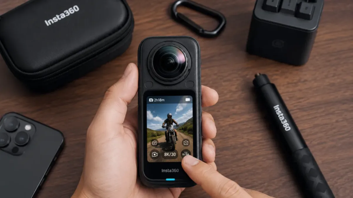Insta360 X6: câmera grava tudo ao redor em 8K a 50 fps e usa inteligência artificial para decidir quais momentos merecem entrar no vídeo, reenquadrar as melhores cenas e montar os destaques sozinha enquanto a câmera está carregando