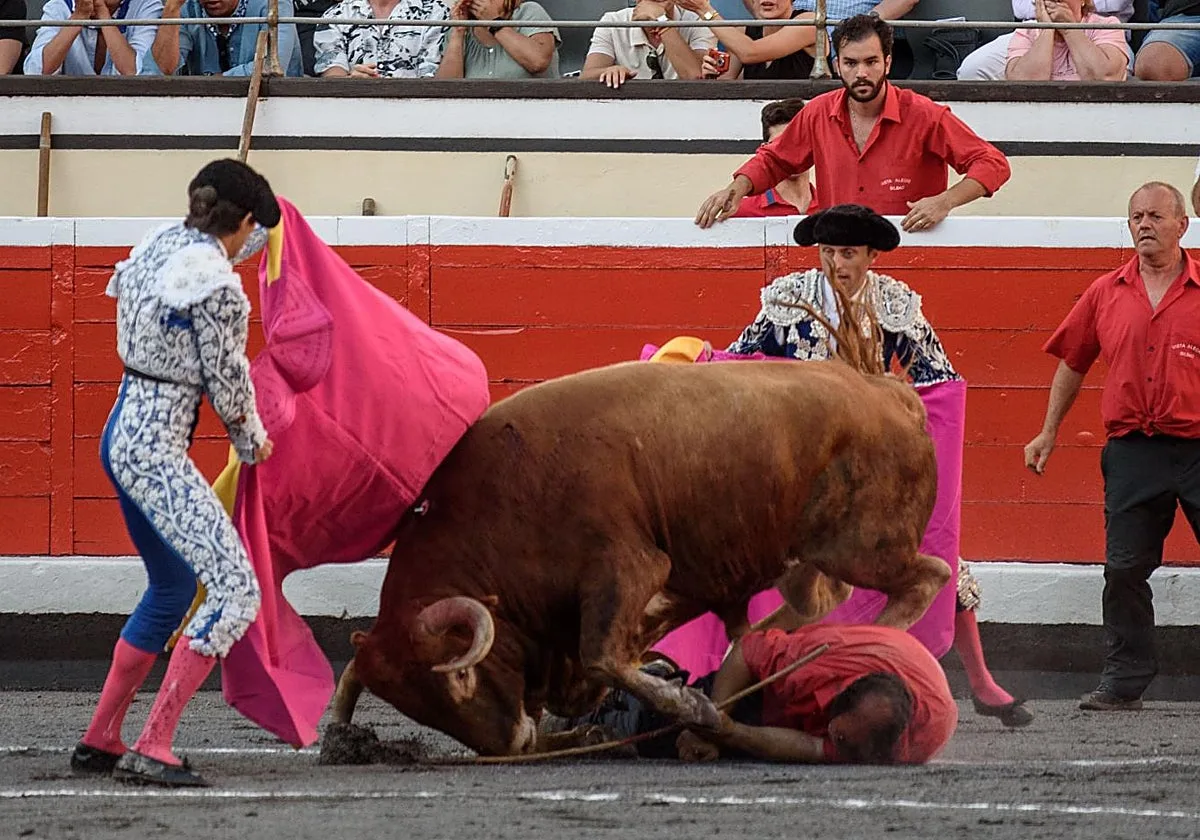 Dura cornada a un monosabio al colear a un toro en Bilbao