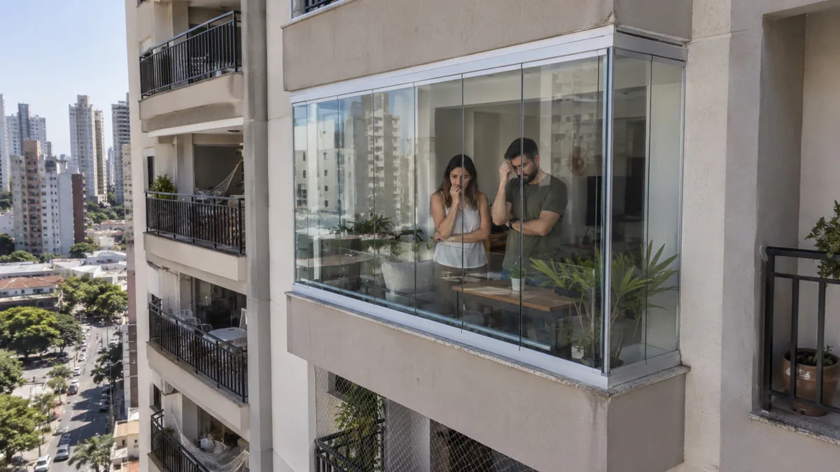 Casal fecha varanda com vidro para diminuir poeira e, meses depois, condomínio afirma que estrutura alterou a fachada e precisa ser removida