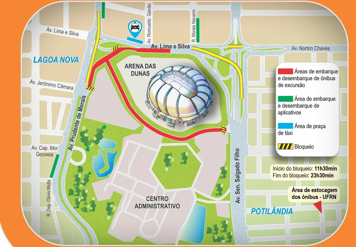 Avenidas no entorno da Arena das Dunas vão ter bloqueio de 12 horas para evento neste sábado (10)