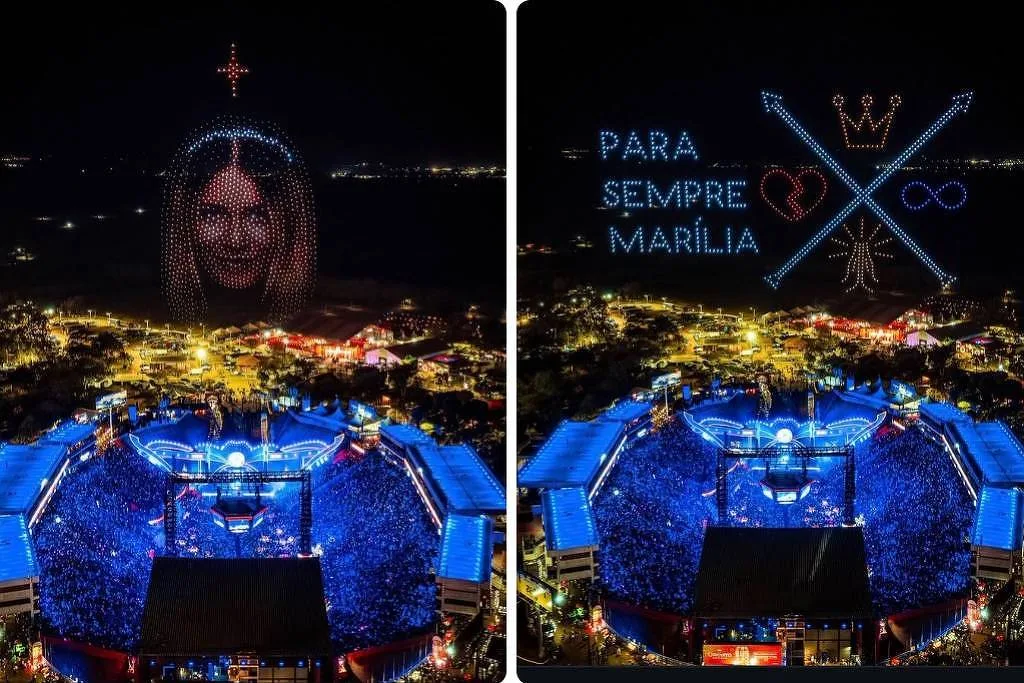 Alok homenageia Marília Mendonça com show de drones em Barretos; veja
