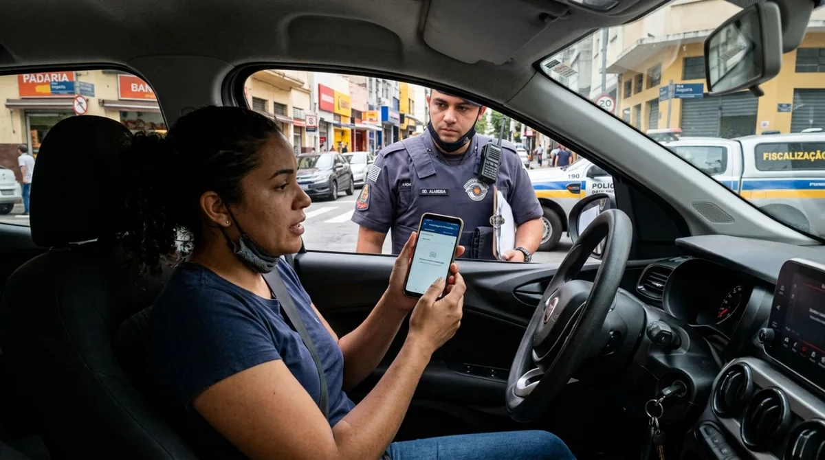 Condutora é parada em blitz dirigindo o carro do marido, procura o CRLV no aplicativo e descobre que o veículo não aparece em sua conta, fiscalização explica como compartilhar o documento digital
