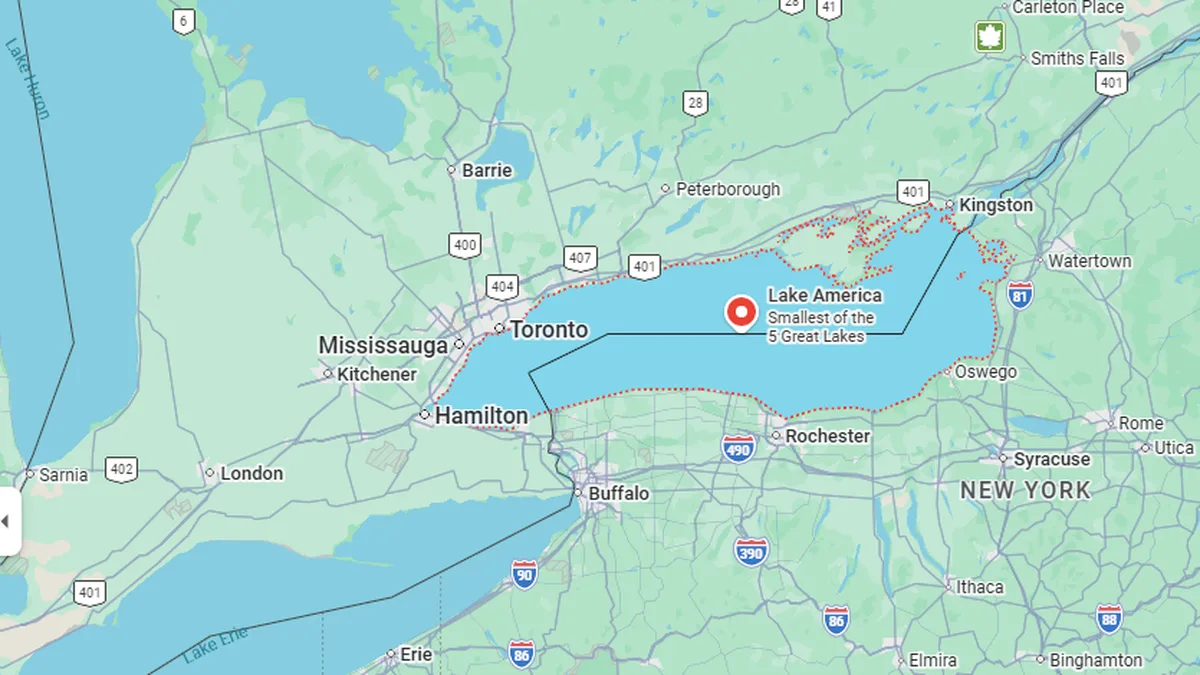 Google Maps now shows 'Lake America' in U.S., not 'Lake Ontario'