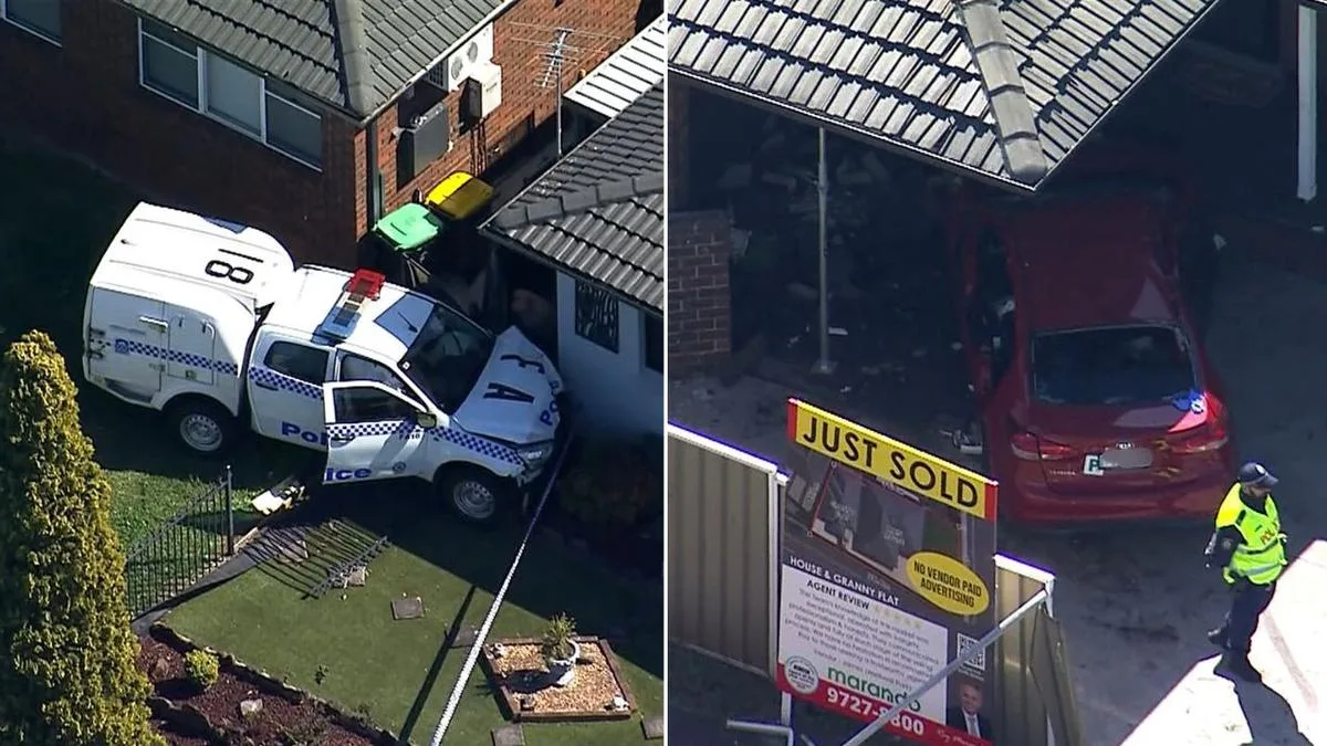 Two fighting for life, critical incident declared after police vehicle and sedan collide before crashing into Sydney homes