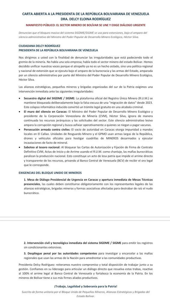 Mineros de Bolívar denuncian extorsiones masivas y emiten carta pública a Delcy Rodríguez
