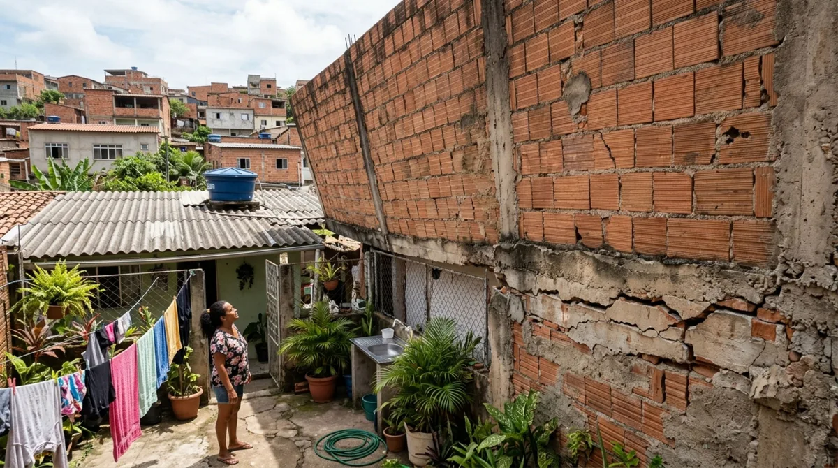 Morador fica uma semana fora, ao retornar, descobre que novo muro do vizinho apresenta inclinação sobre seu quintal e teme queda da estrutura, exigindo reforço ou demolição