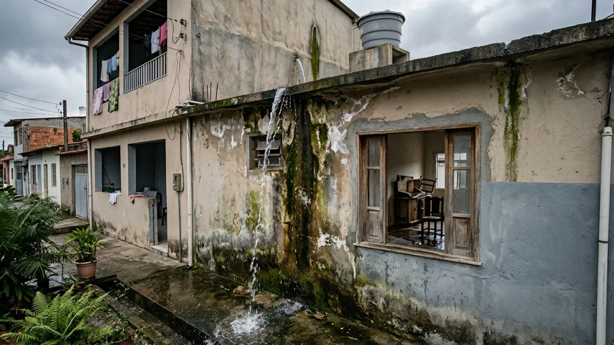 Caixa-d’água da casa vazia rompe durante viagem do proprietário e infiltração atinge três cômodos do imóvel vizinho