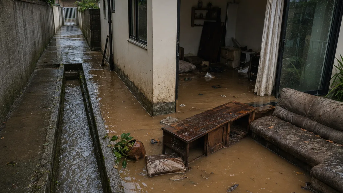 Casal acorda com quintal alagado após vizinho concretar canal usado havia décadas para escoar chuva e exige reabertura da passagem e pagamento dos móveis perdidos