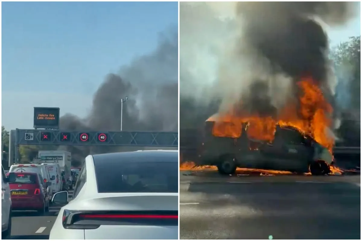 Gatwick travel chaos as van fire bursts into flames on motorway causing huge delays