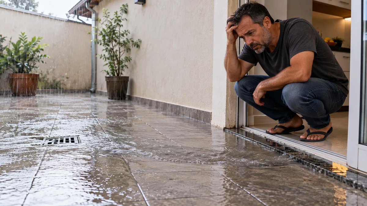 Pedreiro refaz piso do quintal e proprietário percebe depois que água da chuva passou a correr em direção à porta da cozinha