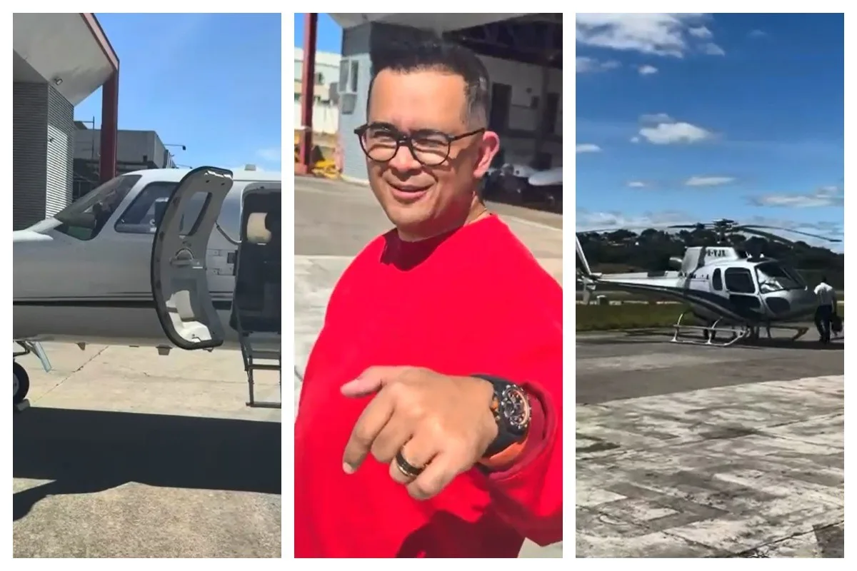 Em outra viagem, Rick fez vídeo em que brincava com Bruno Avelar sobre viagens de helicóptero: 'Saindo desse aqui. E vamos para aquele ali'
