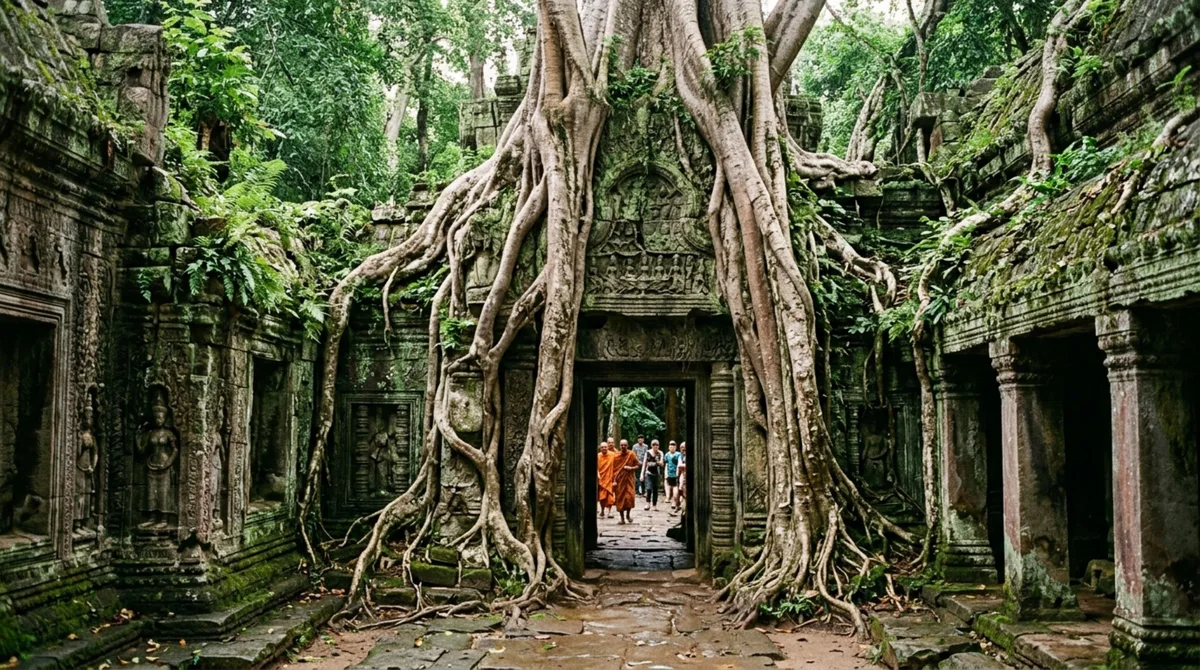 Um templo cambojano parece ter sido desmontado pela floresta porque raízes gigantes atravessam portas e muros que ficaram séculos cercados por árvores