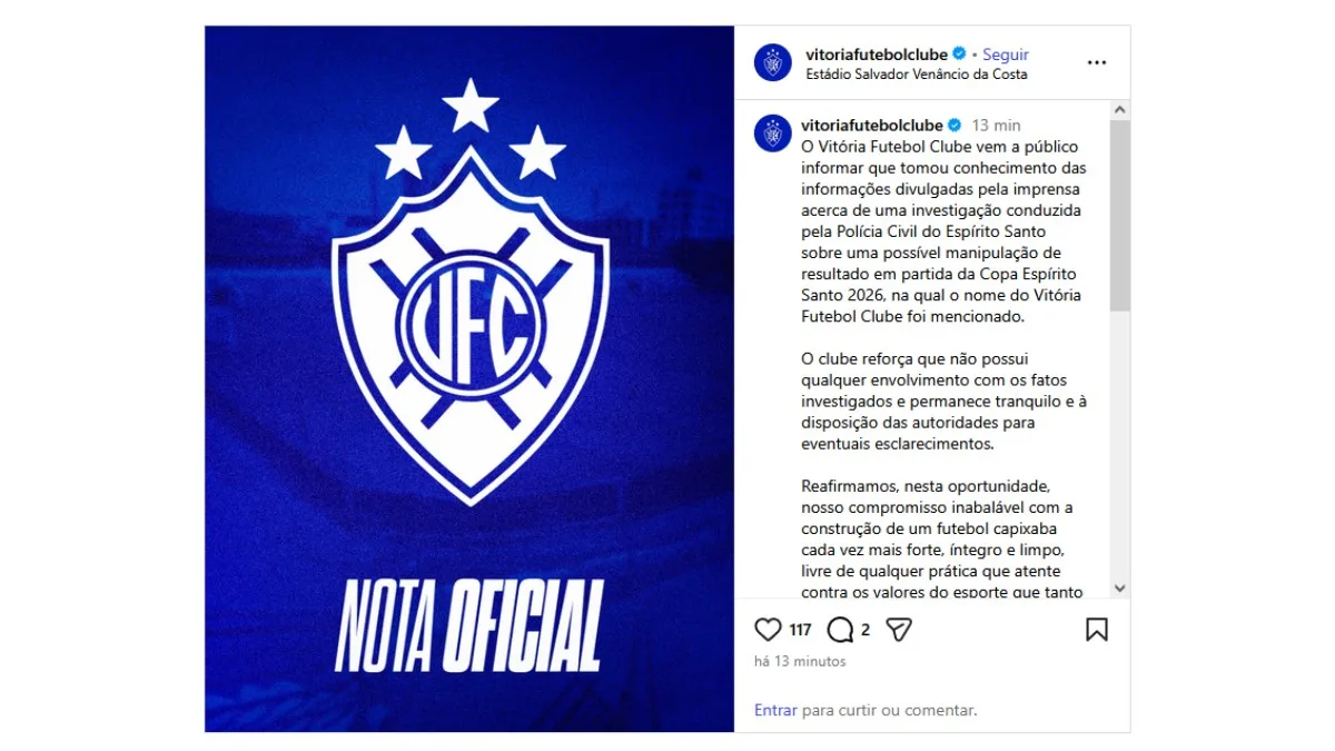 Vitória-ES nega envolvimento em investigação sobre possível manipulação de resultado