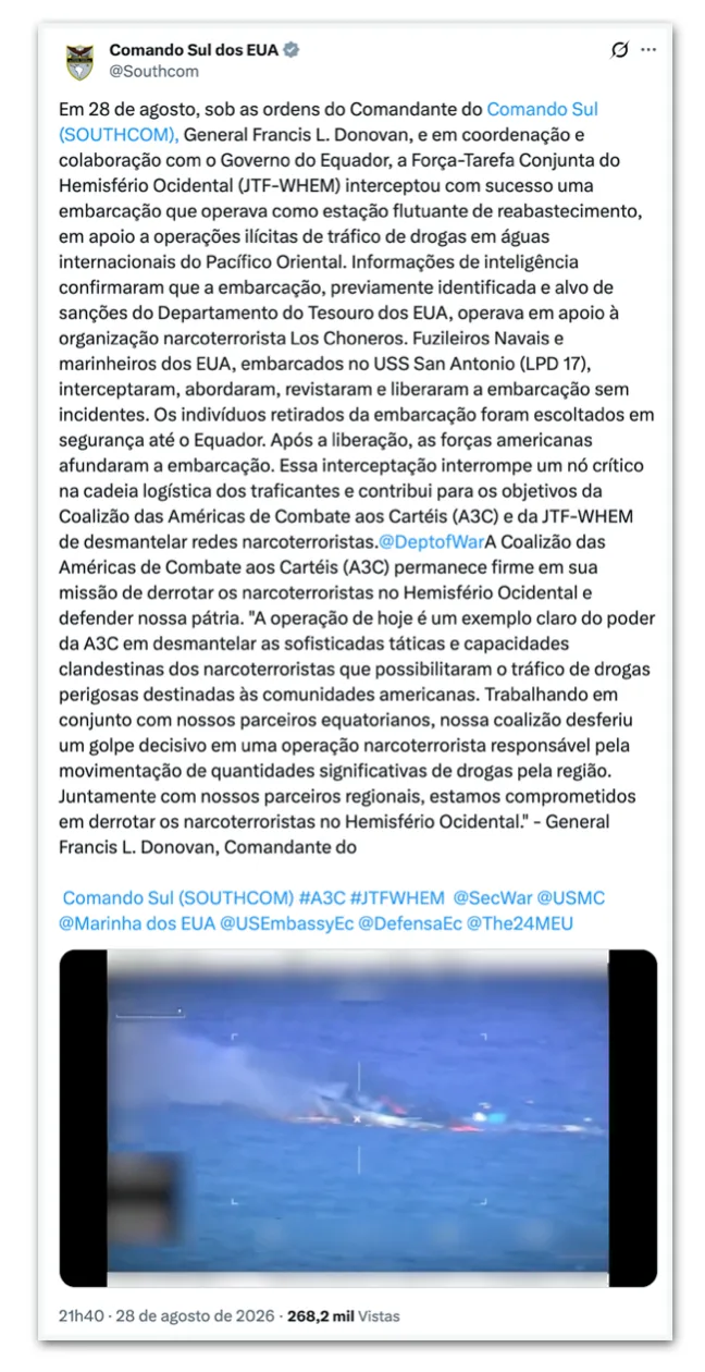 EUA afundam embarcação suspeita de apoiar narcotraficantes no Pacífico