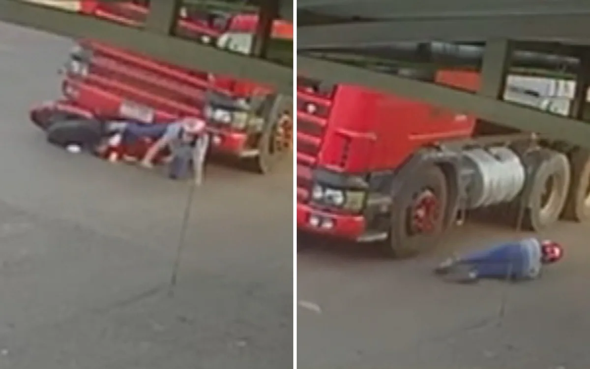 Jovem é atingida por caminhão e escapa ilesa de atropelamento; vídeo impressionante