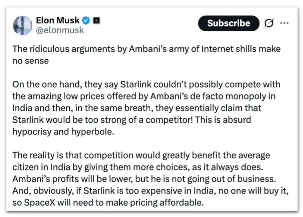 Musk fala em Starlink “acessível” na Índia em disputa com Ambani