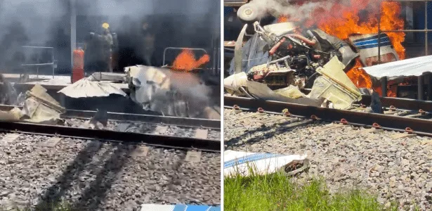 Avião cai em trilhos do metrô e pega fogo em BH; piloto morreu