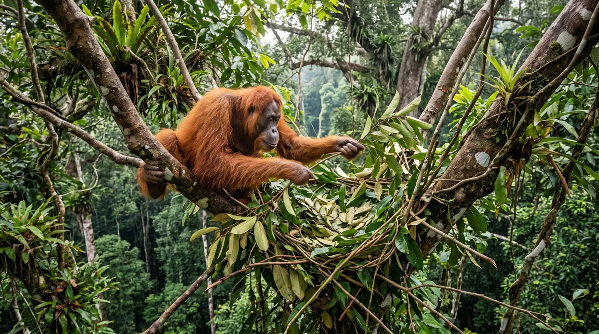 Orangotango constrói uma cama nova no alto das árvores praticamente todas as noites e pode até mastigar folhas para fabricar uma esponja e alcançar água