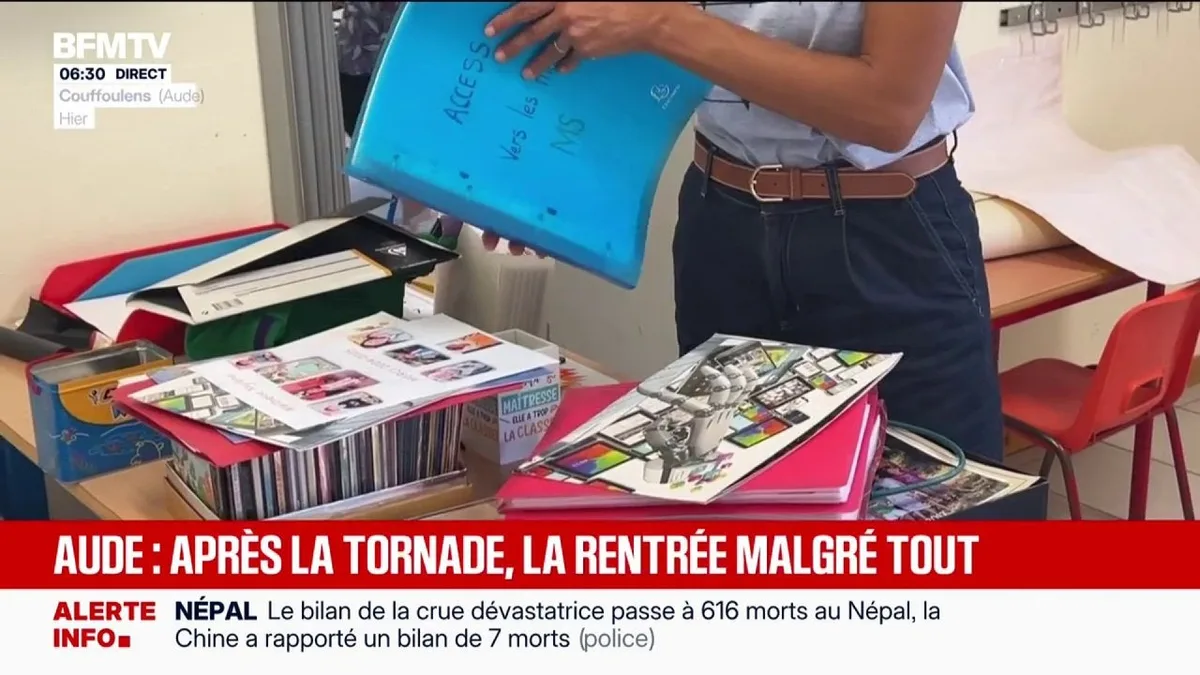 Après le passage de la tornade, l'école de Pomas dans l'Aude, relocalisée, tente d'organiser la rentrée, comme si de rien n'était