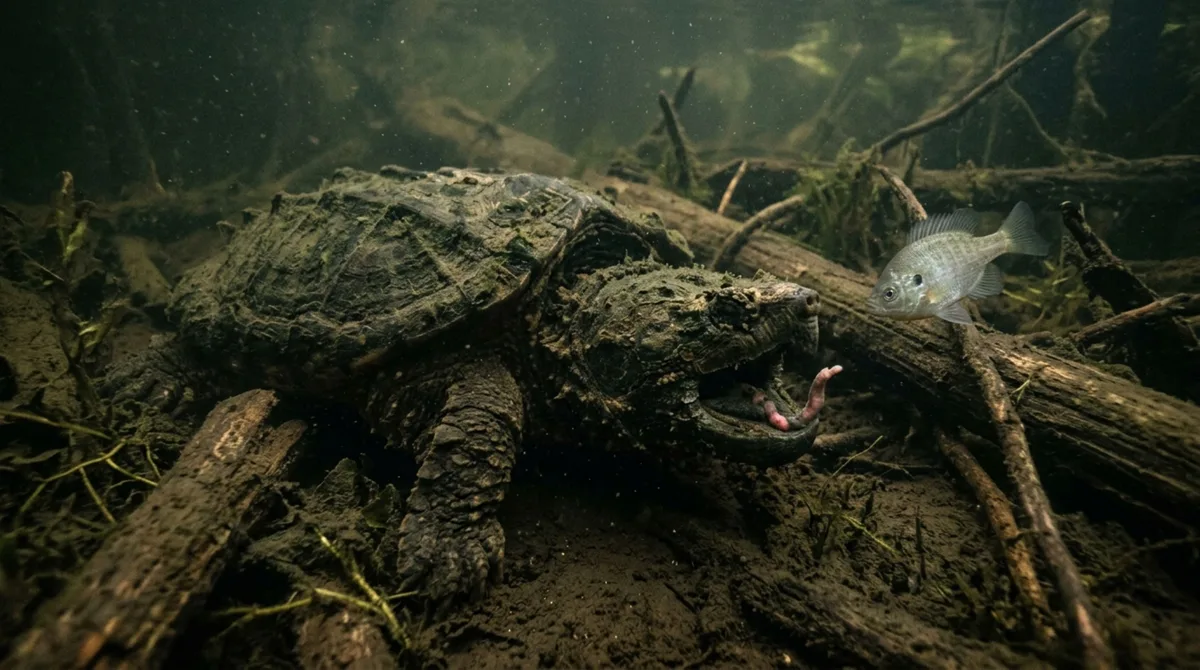 Escondida sob folhas e lama no fundo de rios, esta tartaruga pode permanecer praticamente imóvel antes de atrair um peixe para perto e atacar sem precisar persegui-lo