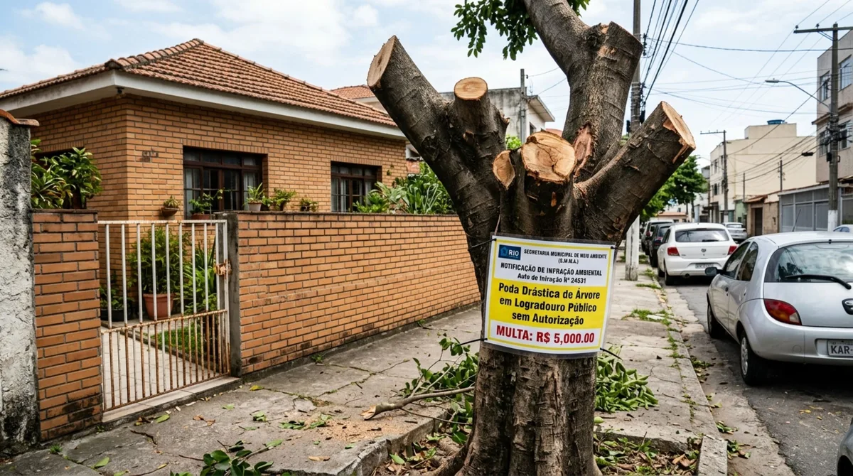 Idoso poda a árvore em frente à sua casa, achando que pertencia a ele, fiscalização aparece, multa o morador em R$ 5 mil e explica por que não se deve podar ou derrubar árvores nem mesmo em terrenos privados