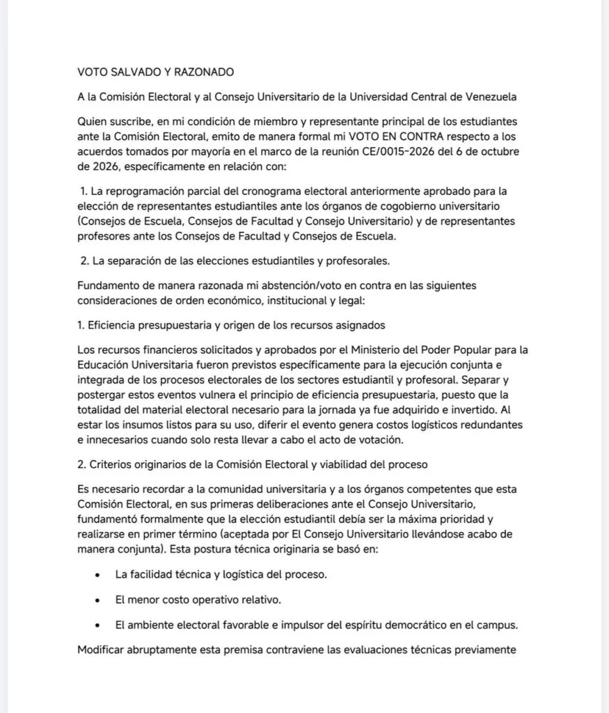 Representante estudiantil salva su voto ante decisión de diferir elecciones en la UCV