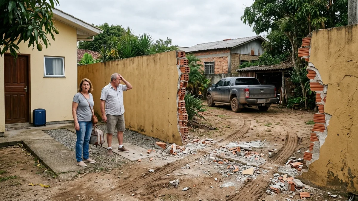 Família viaja por uma semana e, quando volta, encontra parte do muro lateral removida porque o vizinho decidiu abrir espaço para passar uma caminhonete até os fundos