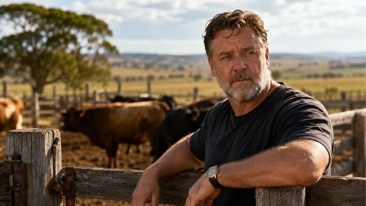 Aos 62 anos, astro de Gladiador, Russell Crowe, mantém um rancho de cerca de 400 hectares, onde cria gado, percorre a propriedade para conferir cercas e bebedouros e reconstruiu parte das terras após incêndios devastadores