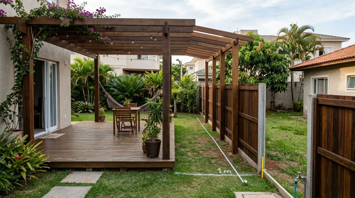 Família compra terreno, constrói deck e pergolado, avaliados em R$ 15 mil no quintal, e ao trocar a cerca, descobre que parte da área de lazer ficou no lote vizinho, família tenta negociar o uso parcial da propriedade ao lado