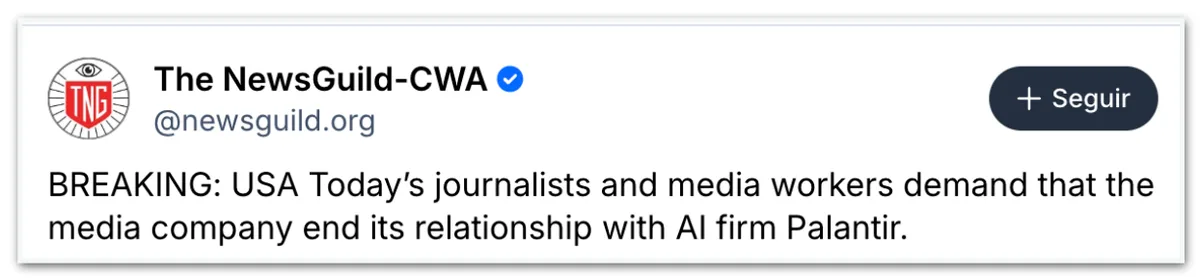 Mais de 800 funcionários da USA Today pedem fim de acordo com Palantir
